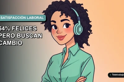 Ilustración vectorial plana de trabajadora remota feliz con fondo degradado azul verdoso, representando estadísticas de satisfacción laboral.