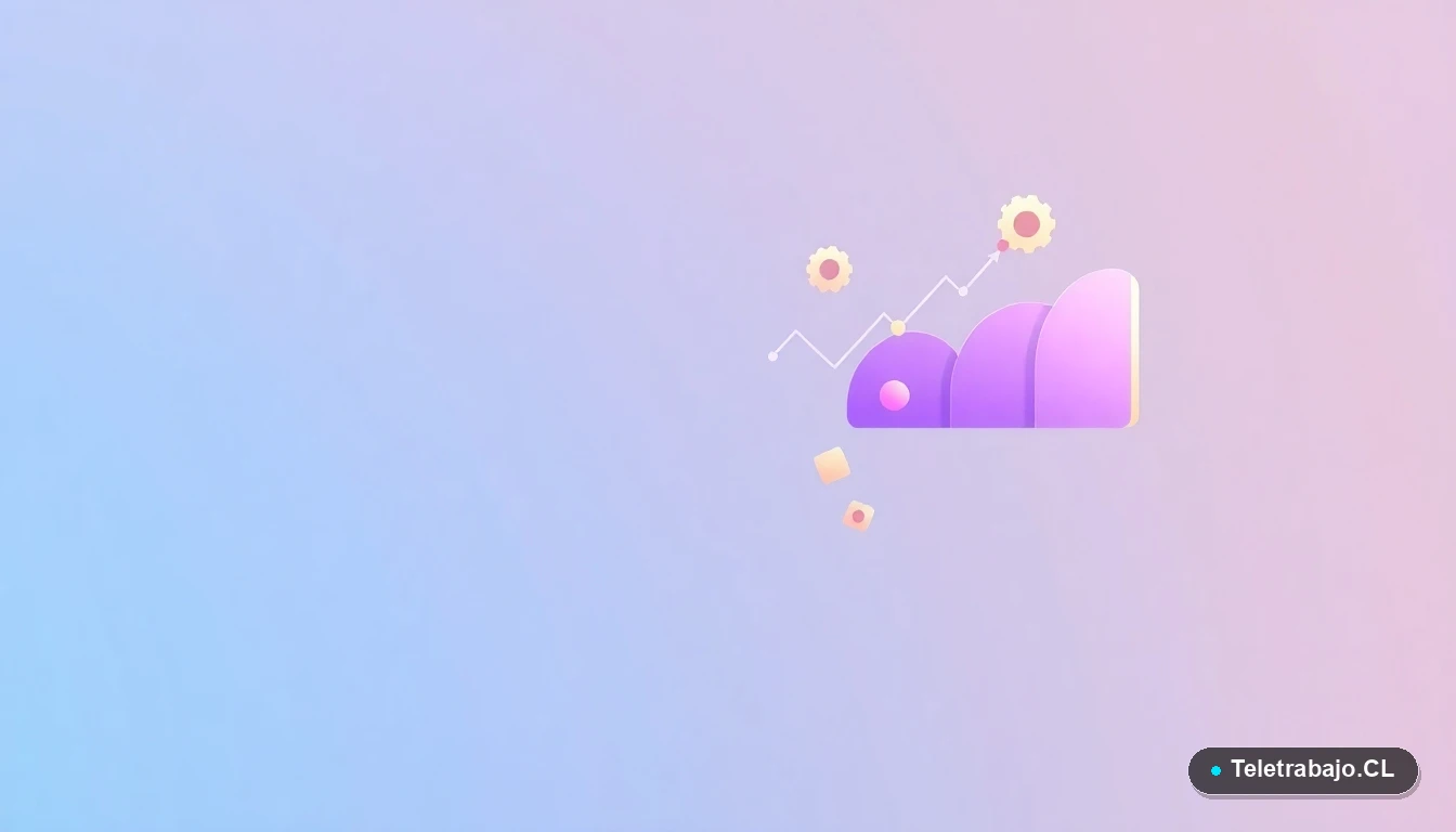 Composición abstracta de interfaz de usuario con gráficos y iconos flotantes en colores lavanda y durazno, sobre fondo degradado frío.