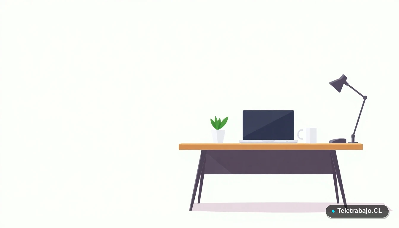 Ilustración vectorial plana de un escritorio moderno vacío con laptop, planta y taza de café, sobre un fondo degradado color menta, representando el espacio de trabajo remoto.