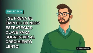 Ilustración plana corporativa de un trabajador masculino de tecnología, con suéter verde, mirando con determinación. Fondo con gradiente suave de color verde azulado.