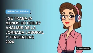 Ilustración plana corporativa de una mujer profesional chilena trabajando de forma remota, con fondo degradado azul.