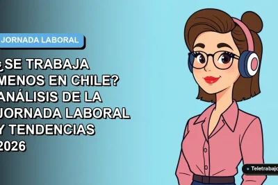 Ilustración plana corporativa de una mujer profesional chilena trabajando de forma remota, con fondo degradado azul.