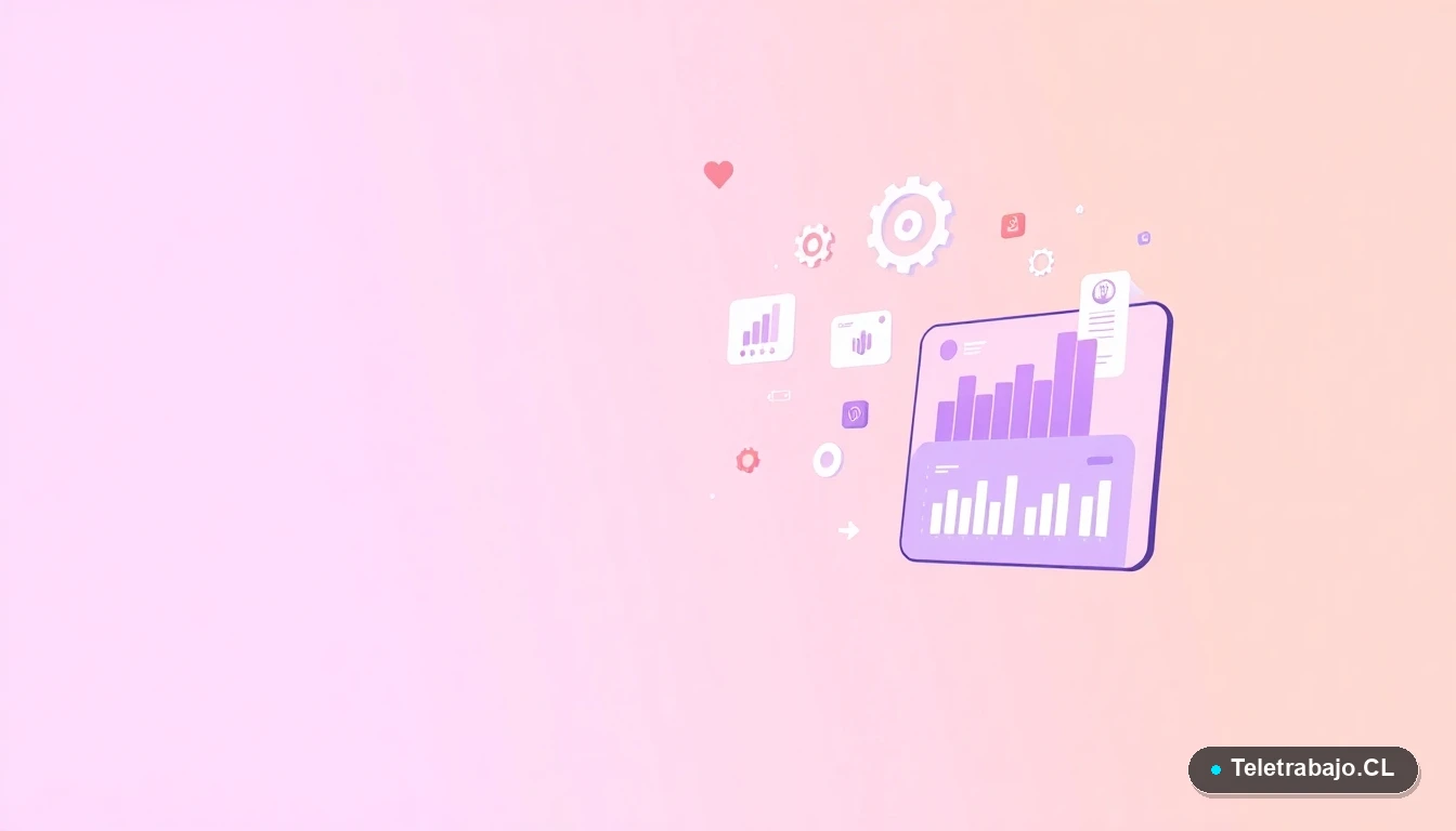 Elementos de interfaz de usuario abstractos y modernos, como gráficos y carpetas flotantes, representando herramientas de productividad digital.