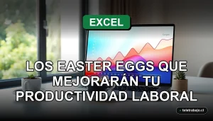 Imagen de oficina moderna con laptop mostrando gráficos abstractos, representando secretos y productividad en Excel.