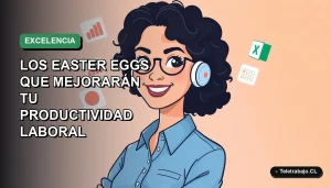 Ilustración vectorial plana de una profesional remota sonriente, con blusa azul, junto a íconos de gráficos y hojas de cálculo, sobre fondo degradado verde agua.