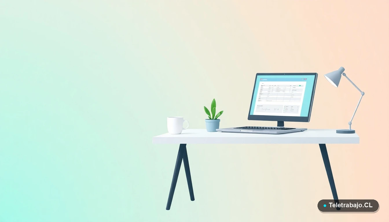 Escritorio moderno minimalista con laptop mostrando una hoja de cálculo, una planta suculenta y una taza de café, sobre fondo degradado verde menta.