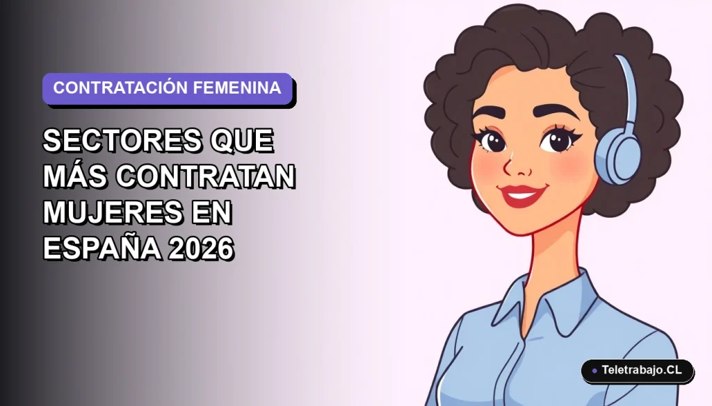 Ilustración plana corporativa de una trabajadora remota sonriente con blusa azul, sobre fondo degradado lavanda, representando sectores laborales para mujeres en España 2026.