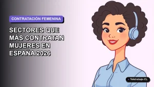 Ilustración plana corporativa de una trabajadora remota sonriente con blusa azul, sobre fondo degradado lavanda, representando sectores laborales para mujeres en España 2026.
