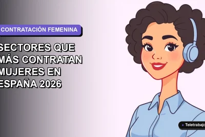Ilustración plana corporativa de una trabajadora remota sonriente con blusa azul, sobre fondo degradado lavanda, representando sectores laborales para mujeres en España 2026.