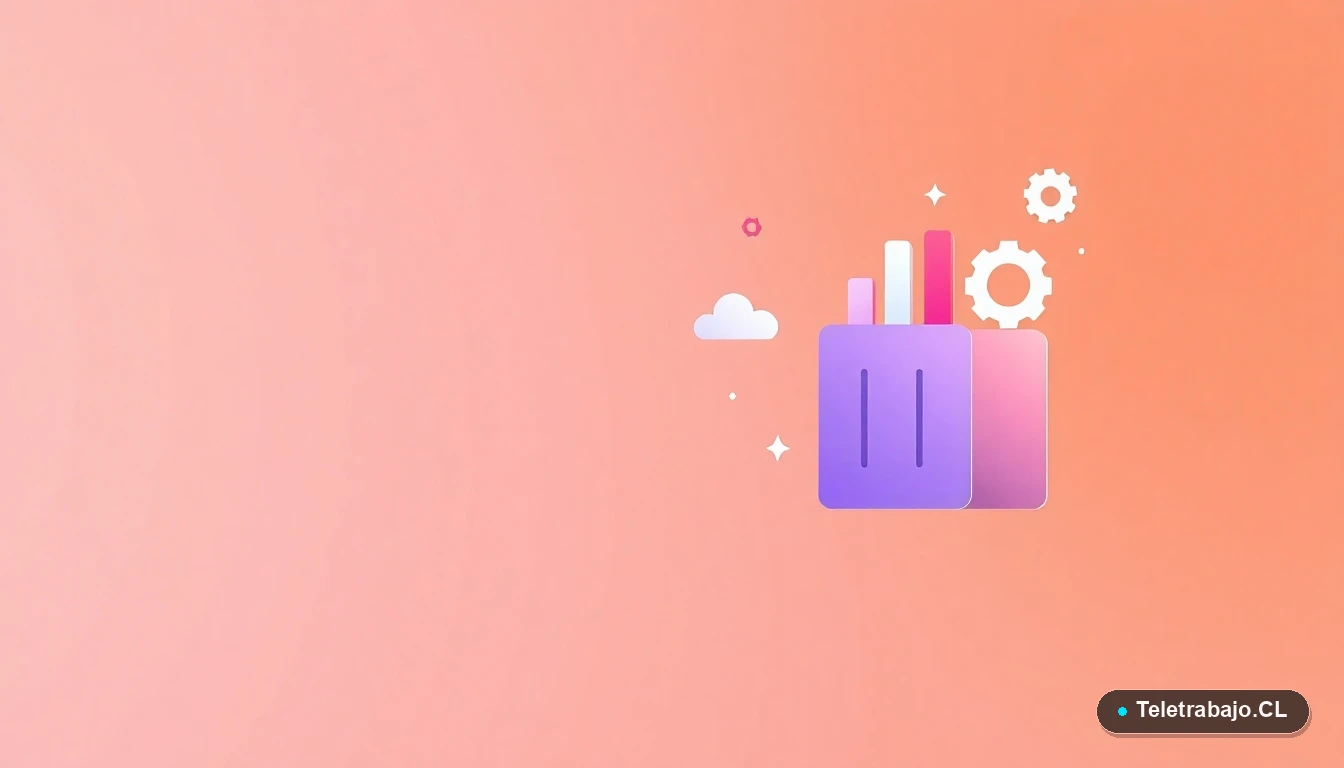 Composición abstracta de interfaz de usuario con gráficos y iconos flotantes sobre fondo degradado melocotón, simbolizando datos de sectores laborales.