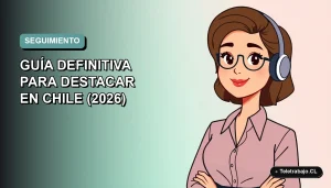 Ilustración plana corporativa de una mujer profesional de teletrabajo en Chile, con fondo degradado vacío, para guía de seguimiento post entrevista.