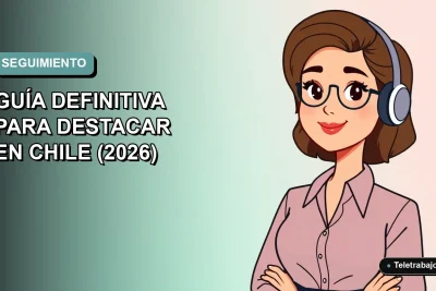 Ilustración plana corporativa de una mujer profesional de teletrabajo en Chile, con fondo degradado vacío, para guía de seguimiento post entrevista.