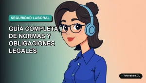 Ilustración plana corporativa de mujer profesional chilena con blusa azul, sobre fondo degradado verde azulado, representando seguridad laboral 2026.