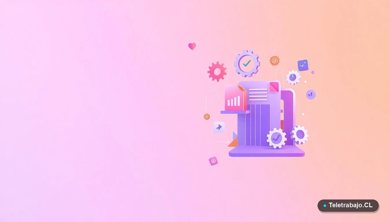 Elementos abstractos de interfaz de usuario con gráficos flotantes y engranajes en tonos lavanda y durazno, sobre fondo degradado, concepto de gestión de seguridad laboral tecnológica.