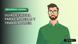 Ilustración vectorial plana de un trabajador masculino de teletrabajo en Chile, con suéter verde, sobre fondo degradado vacío. Concepto de seguridad y salud laboral 2026.
