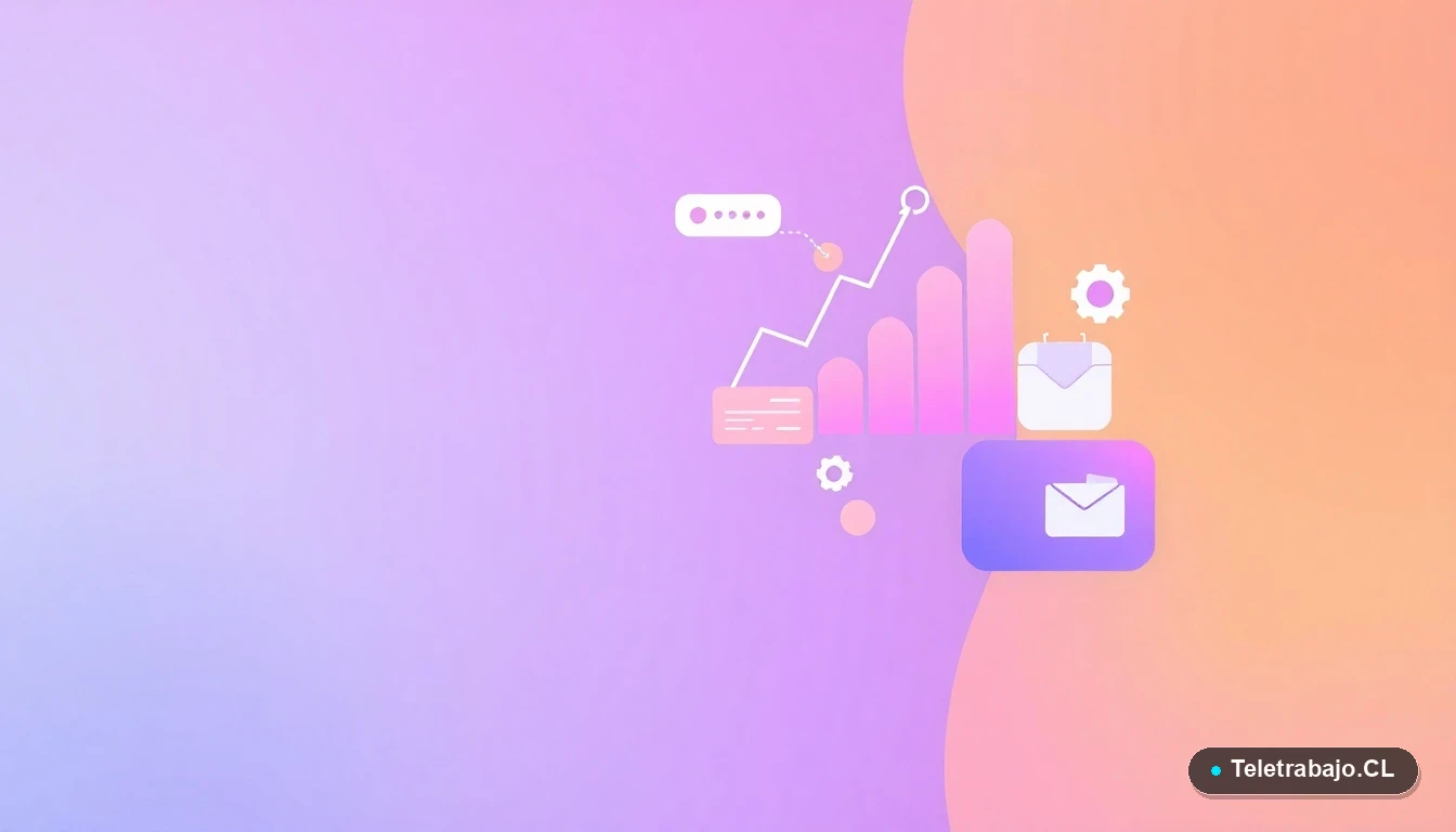 Composición abstracta de interfaz de usuario con gráficos, engranaje y carpeta flotantes, en estilo vectorial plano, sobre fondo degradado lila. Representa datos y gestión de la seguridad laboral.