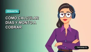 Ilustración vectorial plana de una trabajadora remota en estilo Corporate Memphis, con fondo degradado azul verdoso, representando el cálculo del seguro de cesantía en Chile.