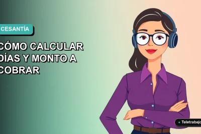 Ilustración vectorial plana de una trabajadora remota en estilo Corporate Memphis, con fondo degradado azul verdoso, representando el cálculo del seguro de cesantía en Chile.