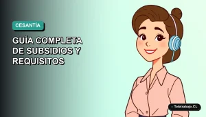 Ilustración plana corporativa de una trabajadora chilena sonriente con laptop, fondo degradado azul verdoso, sobre seguro de cesantía 2026.