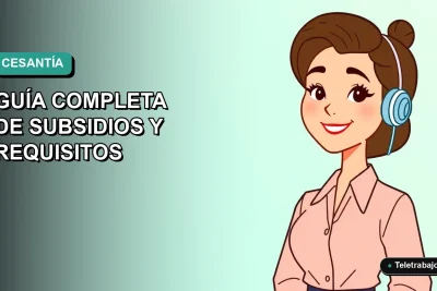 Ilustración plana corporativa de una trabajadora chilena sonriente con laptop, fondo degradado azul verdoso, sobre seguro de cesantía 2026.