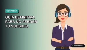 Ilustración plana de mujer profesional chilena con laptop, fondo degradado azul verdoso, concepto de seguro de cesantía 2026.