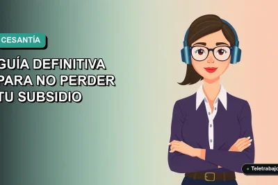 Ilustración plana de mujer profesional chilena con laptop, fondo degradado azul verdoso, concepto de seguro de cesantía 2026.