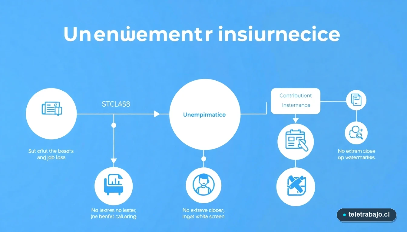 Infografía del proceso del Seguro de Cesantía en Chile: aportes, causales, cálculo y pago de beneficios.