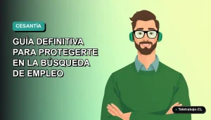 Ilustración plana corporativa de un trabajador chileno con seguro de cesantía, fondo degradado azul verdoso.