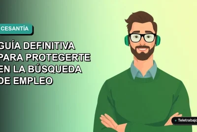 Ilustración plana corporativa de un trabajador chileno con seguro de cesantía, fondo degradado azul verdoso.