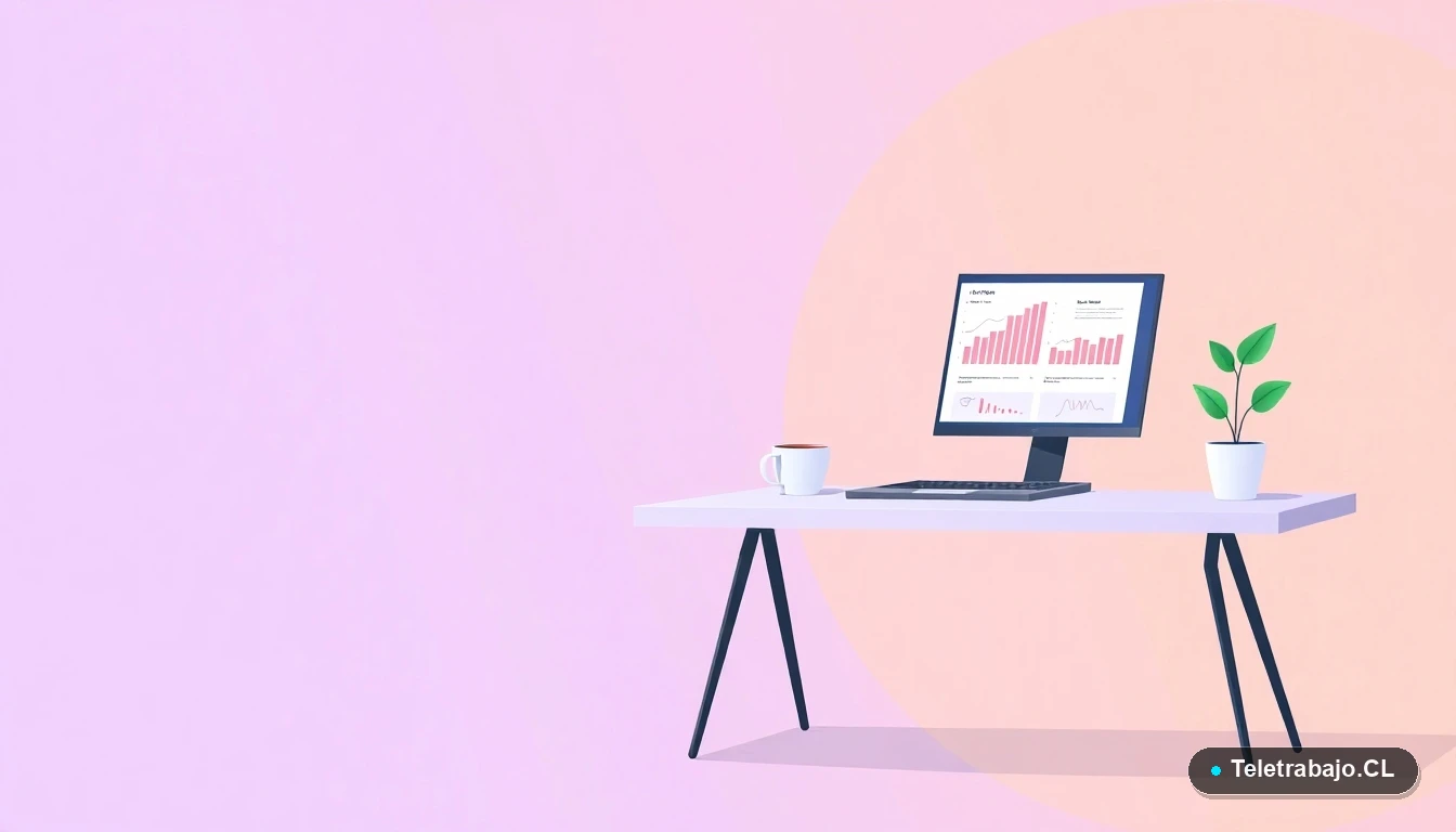 Escritorio moderno minimalista con laptop, gráficos y una planta, concepto de seguridad laboral y transición profesional.
