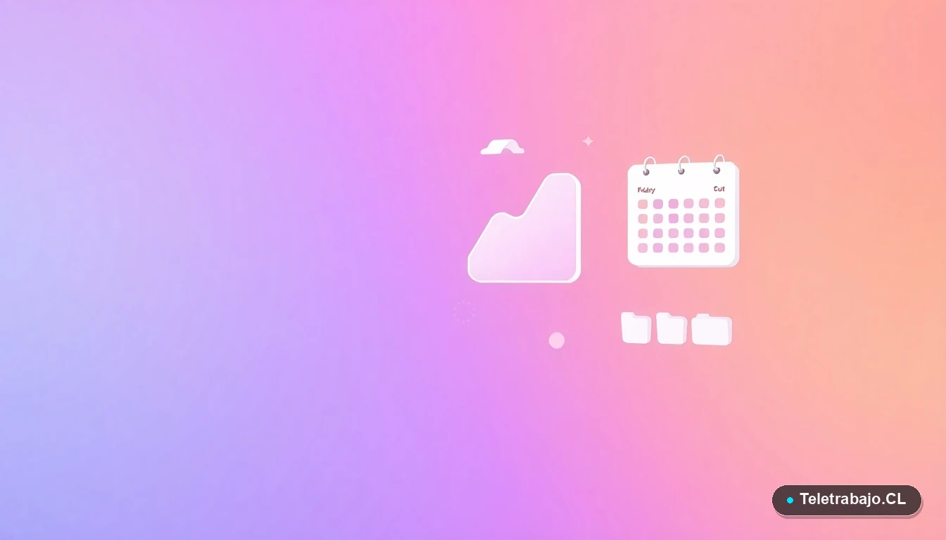 Ilustración abstracta de interfaz de usuario con gráficos, calendario de cuatro días y carpetas flotantes, sobre fondo degradado lavanda y durazno, concepto de semana laboral reducida.