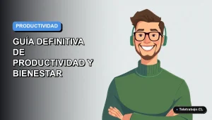 Ilustración vectorial plana de un trabajador masculino de tecnología con suéter verde, sonriendo, sobre un fondo degradado azul y gris, representando la productividad de la semana laboral de 4 días en Chile.