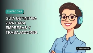 Ilustración vectorial plana de trabajadora chilena sonriente con blusa azul, representando la semana laboral de 4 días en un entorno corporativo moderno con fondo degradado verde azulado.