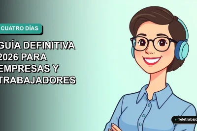 Ilustración vectorial plana de trabajadora chilena sonriente con blusa azul, representando la semana laboral de 4 días en un entorno corporativo moderno con fondo degradado verde azulado.