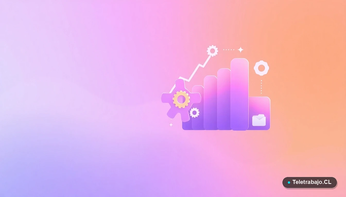 Elementos de interfaz de usuario abstractos y coloridos, como gráficos y engranajes flotantes, que simbolizan productividad y tecnología para la semana de 4 días.