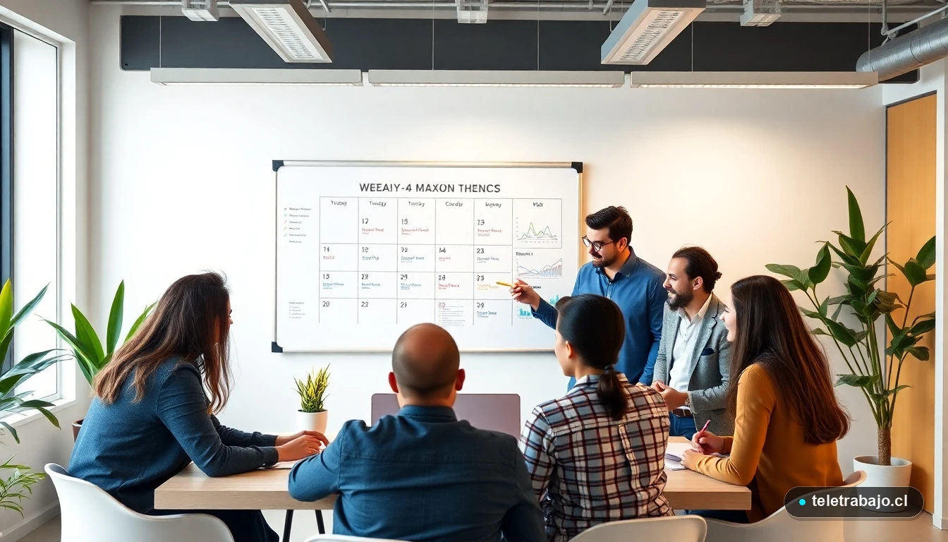 Equipo chileno colaborando en oficina moderna con calendario de semana laboral de 4 días visible