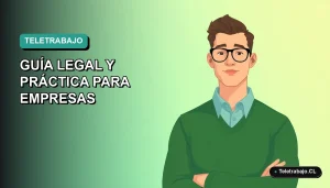 Ilustración vectorial plana de un trabajador masculino de teletrabajo con suéter verde, sobre fondo degradado azul verdoso, representando la nueva ley de semana laboral de 4 días en Chile.