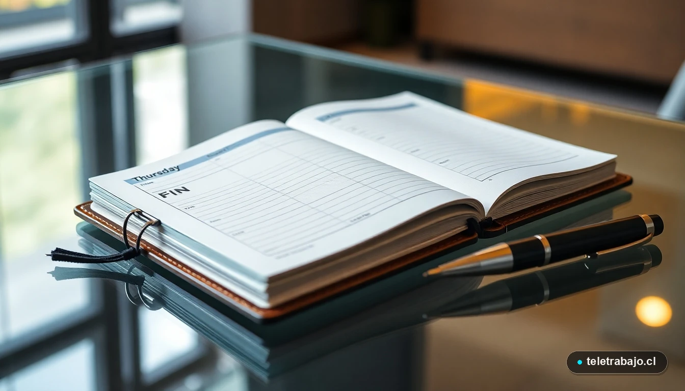 Fotografía macro de una agenda de piel abierta en el jueves junto a un bolígrafo de metal, representando el fin de la semana laboral de 4 días.
