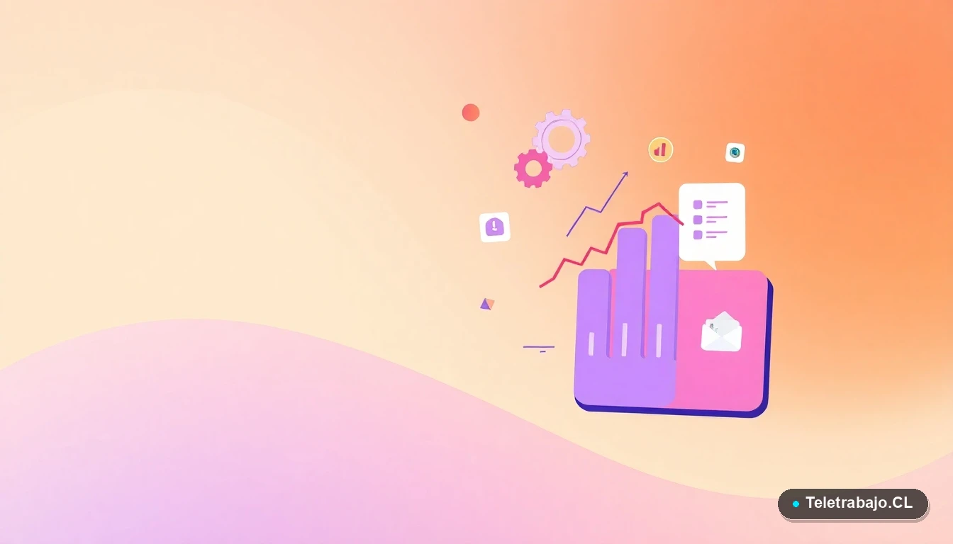 Ilustración abstracta de interfaz tecnológica con gráficos y engranajes flotantes, representando análisis de datos laborales, sobre fondo degradado melocotón. Estilo vectorial plano moderno.