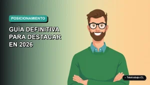 Ilustración vectorial plana de un trabajador remoto chileno sonriendo, con fondo degradado azul verdoso, representando el SEO para marca personal.