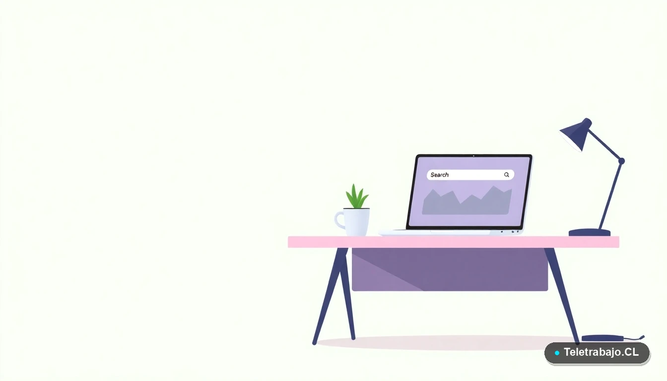 Escritorio moderno minimalista con laptop, gráfico de crecimiento, planta y taza de café, sobre fondo degradado verde menta, concepto de SEO y trabajo digital.