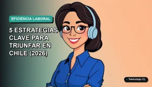 Ilustración plana corporativa de una mujer profesional chilena sonriente, con blusa azul, mirando a la cámara. Fondo degradado suave de color verde azulado. Concepto de eficiencia y trabajo remoto.