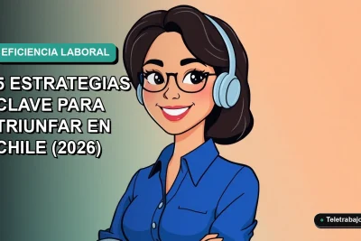 Ilustración plana corporativa de una mujer profesional chilena sonriente, con blusa azul, mirando a la cámara. Fondo degradado suave de color verde azulado. Concepto de eficiencia y trabajo remoto.