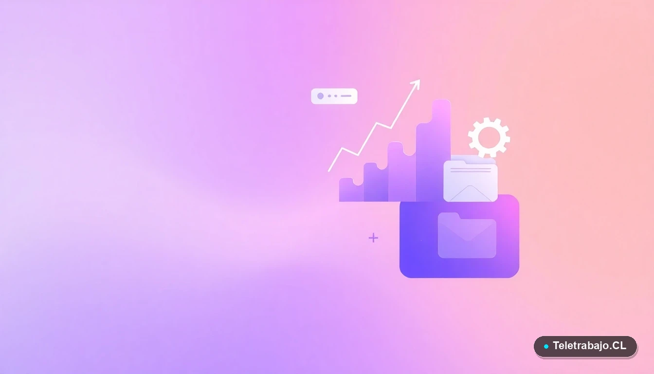 Composición abstracta de interfaz de usuario tecnológica con gráficos, engranajes y carpetas flotantes en estilo vectorial plano. Fondo degradado lila. Representa productividad y datos.