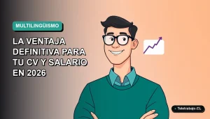 Ilustración vectorial plana de un trabajador chileno sonriendo con un gráfico de crecimiento superpuesto, destacando la ventaja de ser multilingüe en el mercado laboral tecnológico.