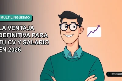 Ilustración vectorial plana de un trabajador chileno sonriendo con un gráfico de crecimiento superpuesto, destacando la ventaja de ser multilingüe en el mercado laboral tecnológico.