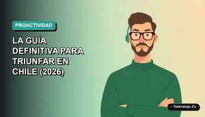 Ilustración vectorial plana de un hombre profesional chileno con lentes y suéter verde, representando la proactividad laboral en un fondo degradado moderno.