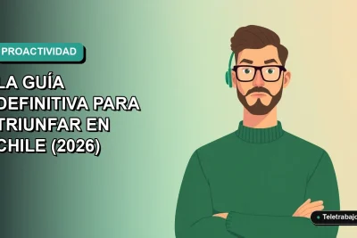 Ilustración vectorial plana de un hombre profesional chileno con lentes y suéter verde, representando la proactividad laboral en un fondo degradado moderno.