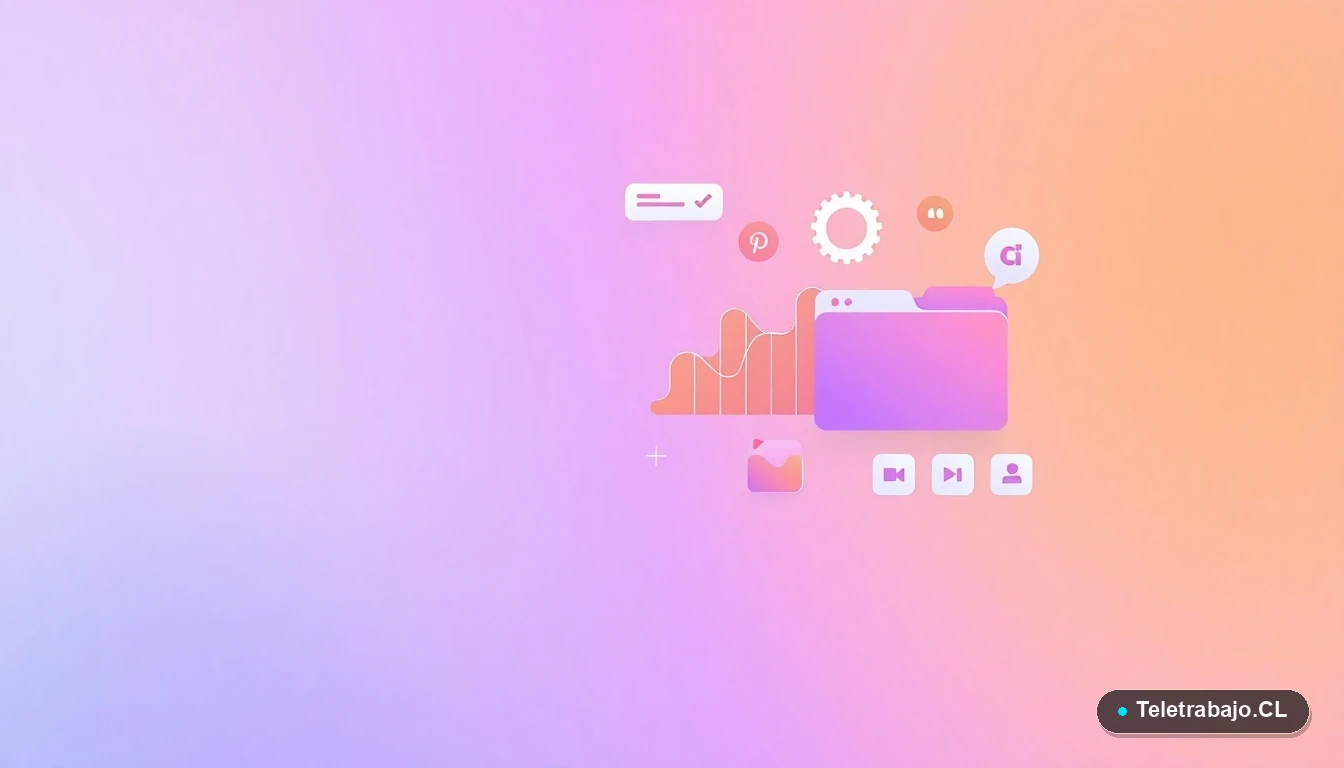 Composición abstracta de interfaz de usuario con gráficos, engranajes y carpetas flotantes, concepto de tecnología y productividad laboral.