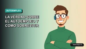 Ilustración vectorial plana de un hombre trabajador remoto con suéter verde, sonriendo, sobre un fondo degradado azul verdoso. Representa el autoempleo en Chile.